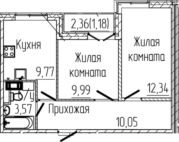 2-комнатная квартира 46.9 м², 5/8 эт., ЖК «SERTOLOVO PARK»